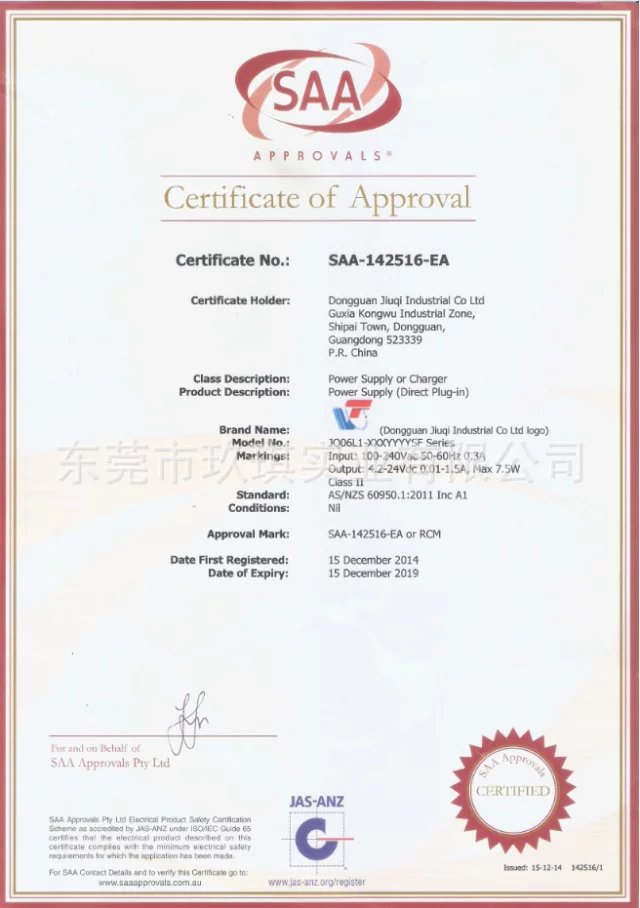 6W系列SAA安规证书