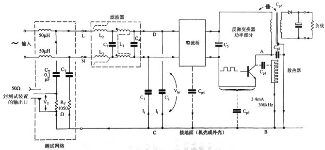 常见离线电源适配器中寄生RFI电流通路示例